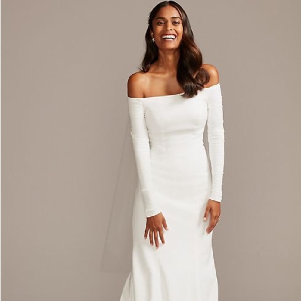 Sold out David’s off-the-shoulder buttoned back crepe wedding dress long sleeve